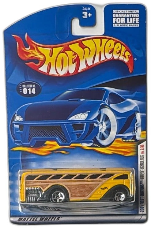 Hot Wheels 2001 First Editions Surfin School Bus No 2 of 36 Collector 014 New: Hot Wheels 2001 First Editions Surfin’ School Bus, No. 2 of 36 models, Collector No. 014, mint on card. Features a yellow die-cast metal body with faux wood panel details and black accent striping. 