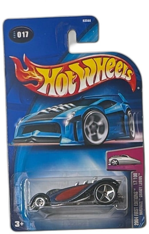 Hot Wheels Hardnoze Grandy Lusion 017 2004 First Editions Diecast Car New: Hot Wheels Hardnoze Grandy Lusion 017 from the 2004 First Editions series, model 17/100, is a collectible diecast toy car. Features include a sleek dark blue body with red detailing, signature chrome 
