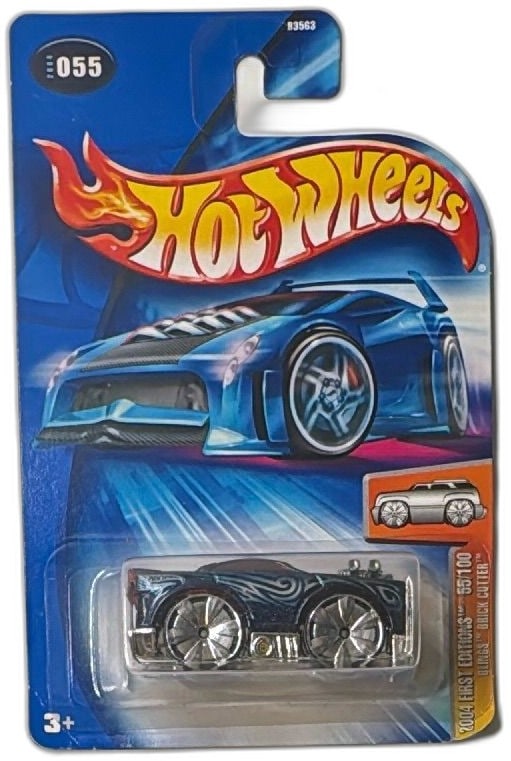 Hot Wheels 2004 First Editions Blings Brick Cutter 055/100 Blue Carded: Hot Wheels 2004 First Editions Blings Brick Cutter, model 055/100, blue card, collectible diecast car in original blister packaging. Features large chrome wheels, navy blue body with silver graphics, 