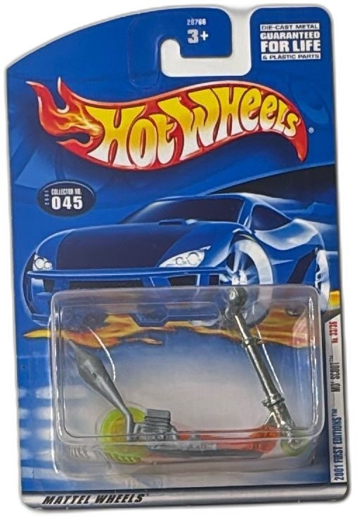 Hot Wheels 2001 First Editions Moto-Scoot 045 Orange Collectible Scooter: Hot Wheels 2001 First Editions Moto-Scoot No 045 die-cast collectible scooter in original packaging. Features translucent orange body, chrome handlebars, lime green wheels, and detailed engine compone