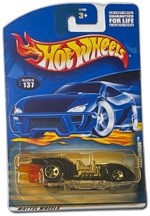 Hot Wheels Arachnorod Collector 137 Mattel Wheels 2000 Sealed Die-Cast Car: Hot Wheels Arachnorod die-cast car, Collector No. 137, Mattel Wheels 2000. Collectible toy car features a black and gold finish with red tail details, iconic Hot Wheels flame logo packaging, and "Guar