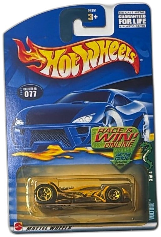 Hot Wheels Vulture 2001 Gold Cold Blooded Series 3 of 4 Collector 077 New: Hot Wheels Vulture 2001 die-cast car, part of the Cold Blooded Series, 3 of 4, collector number 077. Features gold body with reptilian graphics and black wheels, sealed in original packaging. Card inc