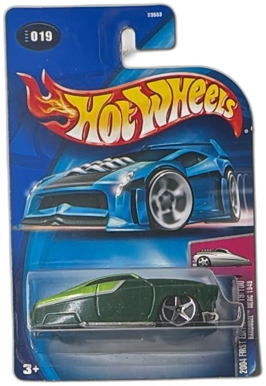 Hot Wheels Hardnoze Merc 1949 2004 First Editions 19/100 Green Carded: Hot Wheels 2004 First Editions Hardnoze Merc 1949 die-cast car, carded and unopened, number 19/100 in the series. Features metallic green paint, silver trim, large chrome engine detail, and signature 