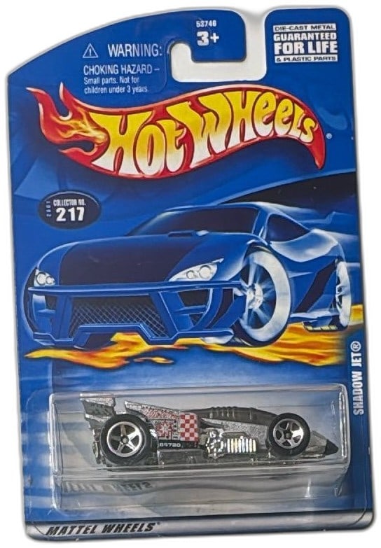 Hot Wheels Shadow Jet 2000 Collector 217 Diecast Car New Sealed Mattel: Hot Wheels Shadow Jet diecast car, 2000 release, Collector No. 217, Mattel Wheels series. Die-cast metal body with chrome finish and red checkerboard graphics. Original blue retail blister packaging, 
