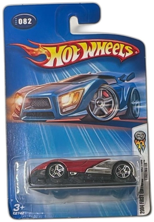 Hot Wheels 2004 First Editions 082 Street Streeemster Red Black Diecast Car: Hot Wheels 2004 First Editions Streeemster 082/100, red and black diecast car, carded and unopened. Features striking metallic red paint with chrome silver details and black lower body, part of the 20