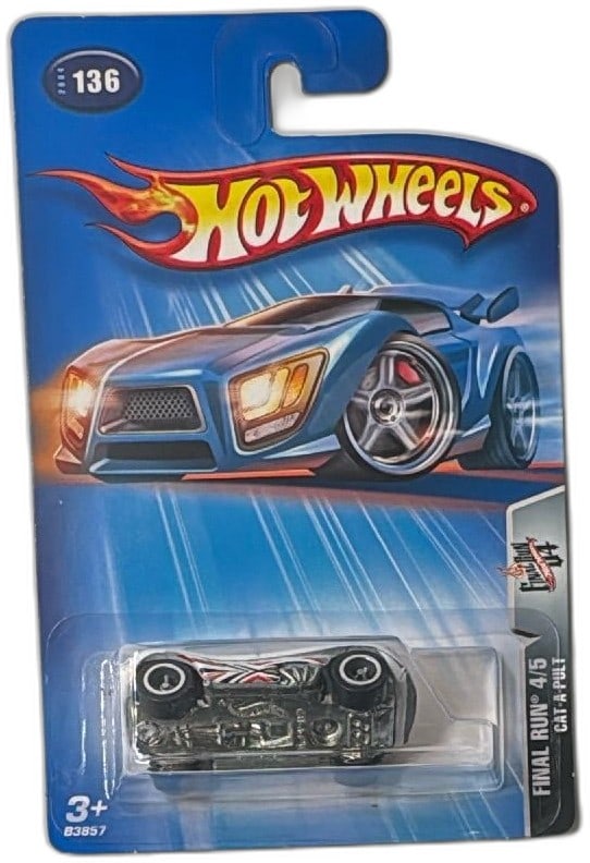 Hot Wheels Final Run 2004 Cat-A-Pult 4/5 Diecast Car New Sealed: Hot Wheels Final Run 2004 Cat-A-Pult 4/5 diecast car, new and sealed in original packaging. Highly collectible, features silver/white body with red and black graphics, and unique styling. Blister pack