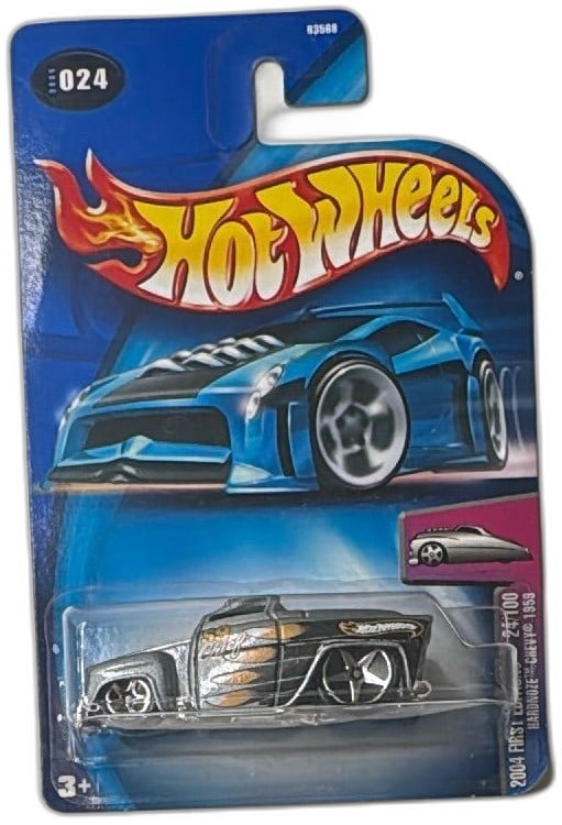 Hot Wheels 2004 First Editions Hardnoze Chevy 1959 24/100 Diecast Car New: Hot Wheels 2004 First Editions Hardnoze Chevy 1959 diecast car number 24/100, model "59 Chief" in factory-sealed packaging. Features metallic silver paint, gold and white graphics, Hot Wheels logo, an