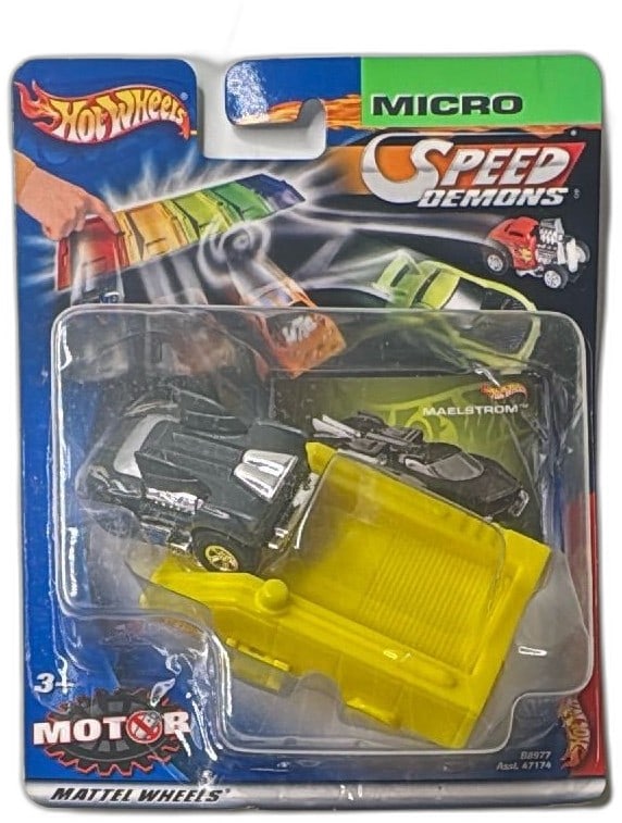 Hot Wheels Micro Speed Demons Maelstrom 2003 Mattel Diecast New Sealed: Hot Wheels Micro Speed Demons Maelstrom 2003 diecast collectible toy, mint on sealed card. Features a small scale black and silver vehicle with yellow launcher accessory, manufactured by Mattel. Card 