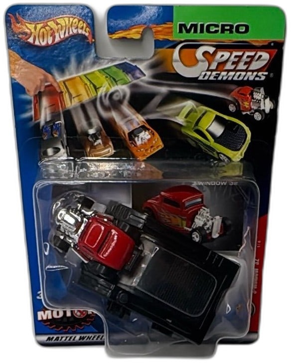 Hot Wheels Micro Speed Demons 3-Window 32 Diecast Car Mattel 2003 Sealed: Hot Wheels Micro Speed Demons 3-Window '32 diecast toy car, released by Mattel in 2003, still factory sealed on original card. Features a detailed miniature hot rod design with a red cab, black body, 