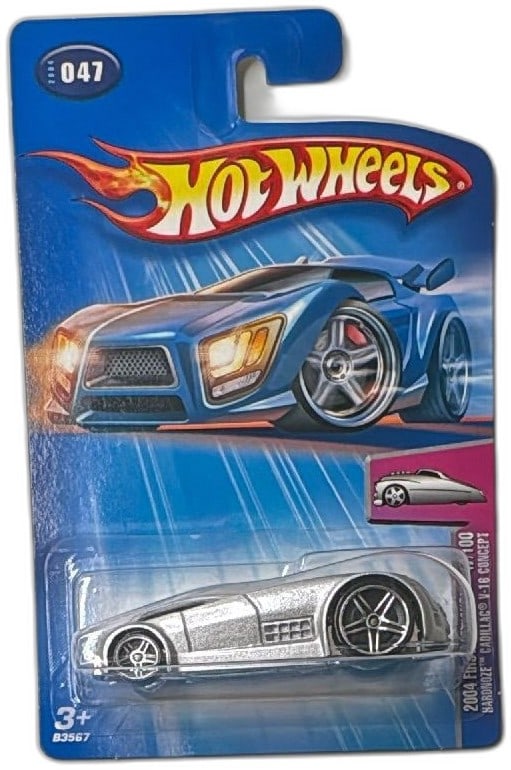 Hot Wheels 2004 First Editions Hardnoze Cadillac V16 Concept Silver 47/100: Hot Wheels 2004 First Editions Hardnoze Cadillac V-16 Concept diecast car in silver, #47 out of 100, new in original blister pack. Rare collectible model designed after the Cadillac V16 Concept, part 