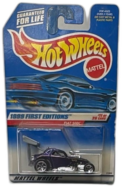 Hot Wheels 1999 First Editions Fiat 500C Collector 919 Purple Diecast Car: Hot Wheels 1999 First Editions Fiat 500C, Collector #919, diecast toy car sealed in original packaging. Features purple body, chrome engine, and large rear wing. Ideal for Hot Wheels collectors or as 