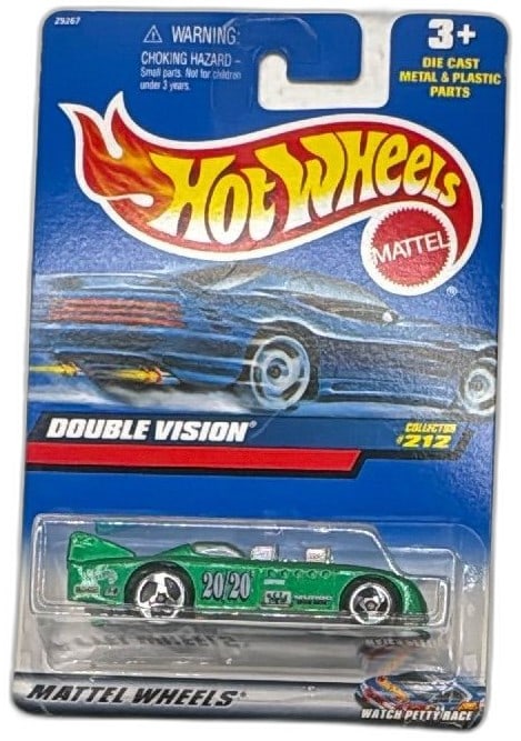 Hot Wheels Double Vision Collector 212 2000 Green Die Cast Car Mattel NIP: Hot Wheels Double Vision Collector #212 from 2000, metallic green die-cast car in unopened original packaging. Features “20/20” graphics, dual engines, and chrome wheels. Made by Mattel, this 