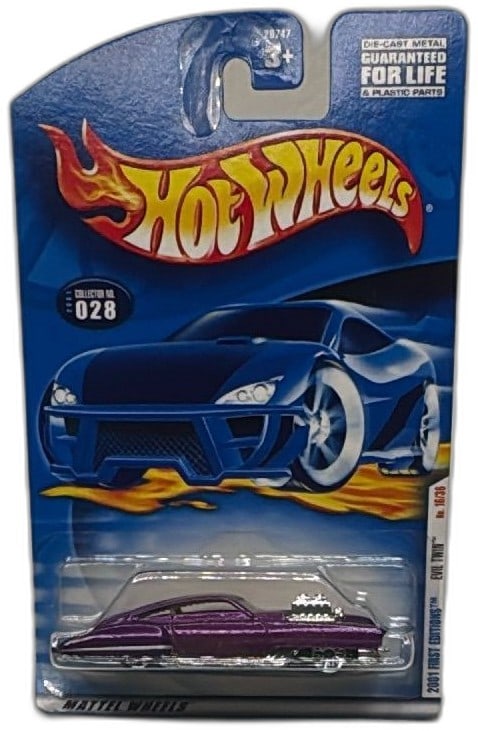 Hot Wheels 2001 First Editions Evil Twin 16 of 36 Purple Diecast Car: Hot Wheels 2001 First Editions Evil Twin Collectible Diecast Car, No. 16/36, in striking metallic purple with chrome accents. Still factory sealed in original blister pack, card in very good condition