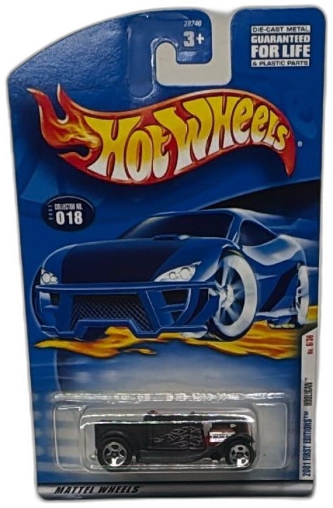 Hot Wheels 2001 First Editions Hooligan 018 Diecast Car Mint Carded: Hot Wheels 2001 First Editions Hooligan No. 6/36 diecast car, Collector No. 018, Mattel Wheels, black with flame decals, carded and unopened. Ideal for collectors and fans of vintage Hot Wheels releas