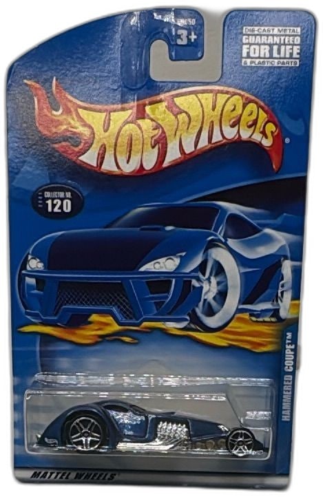 Hot Wheels 2000 Hammered Coupe Collector 120 Blue Diecast Sealed Mattel: Hot Wheels Hammered Coupe diecast car, 2000 release by Mattel, collector number 120. Features metallic blue finish, chrome details, and five-spoke wheels. Blister pack is factory sealed and card shows