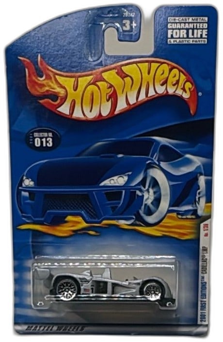 Hot Wheels 2001 First Editions Cadillac LMP Diecast Car No 1 Chrome Silver: Hot Wheels 2001 First Editions Cadillac LMP diecast car, collector No. 013, model No. 1/36, carded and unopened. Features a chrome silver finish with detailed decals, part of a collectible racing seri