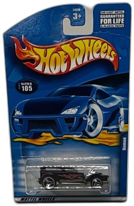 Hot Wheels 2000 Demon Collector 105 Black Flames Die-Cast Mattel Sealed: Hot Wheels 2000 Demon die-cast car, Collector #105, Mattel, black body with red flames. Vivid blue card art and original sealed packaging, suitable for collectors or Hot Wheels fans. Guaranteed for li