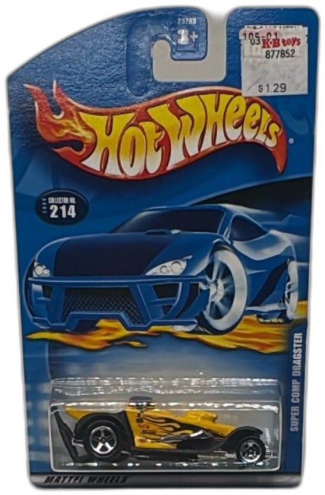 Hot Wheels Super Comp Dragster 2000 Collector 214 Yellow Flames Unopened: Hot Wheels Super Comp Dragster 2000 Collector No. 214 diecast car in yellow with bold black flames, issued by Mattel in 2000. Carded and unopened in original packaging, ideal for Hot Wheels collectors