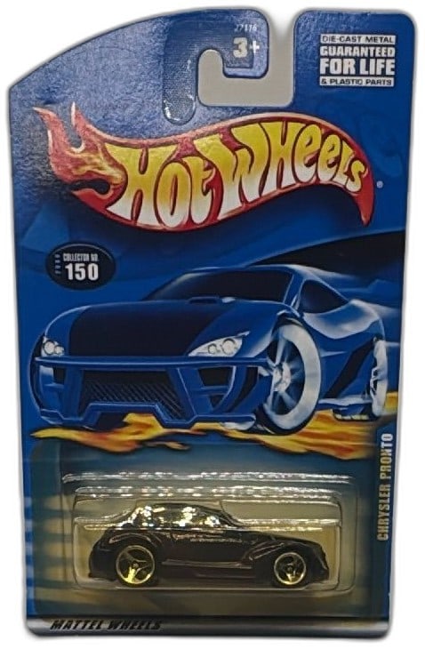Hot Wheels Chrysler Pronto Collector 150 Diecast 2000 Unopened Mint Black Gold: Hot Wheels Chrysler Pronto Collector No 150 diecast car, 2000 release, black with gold wheels, in original, unopened packaging. Great for collectors and Hot Wheels fans. Card is in excellent shape wit