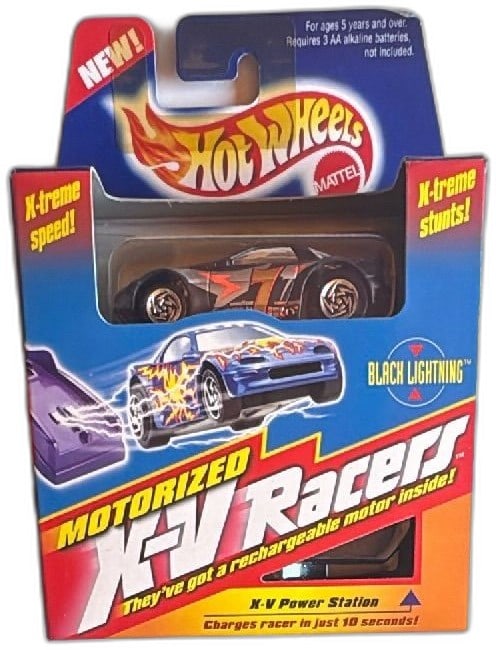 Hot Wheels X-V Racers Black Lightning 17129 Motorized Rechargeable Car 1996 NIB: Hot Wheels X-V Racers Black Lightning motorized car, model 17129, new in box from 1996. Features a rechargeable motor, metallic-tinted windows, lightning bolt wheel design, and rubber-like rear tires.