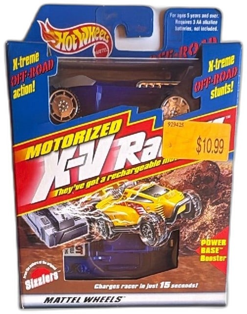 Hot Wheels X V Racers Mudd Runner Motorized Sizzlers 1997 Blue Sealed NIB: Hot Wheels X-V Racers Mudd Runner motorized car, 1997 Sizzlers series, new in original sealed box. Features rugged off-road design, rechargeable motor, and power base booster to charge the car in 15 s