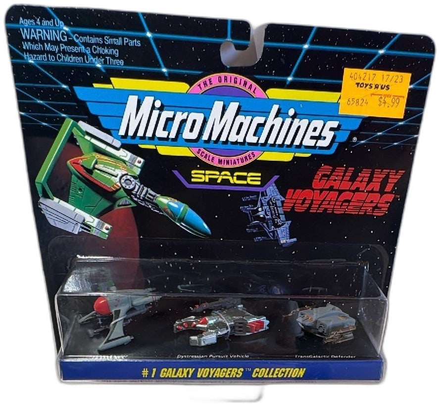 Micro Machines Space Galaxy Voyagers Collection 1 1993 Galoob MOC: Micro Machines Space Galaxy Voyagers Collection 1 by Galoob, 1993. Features Skytron Eluder, Dystressian Pursuit Vehicle, TransGalactic Defender in original sealed packaging. Collectible die-cast micro