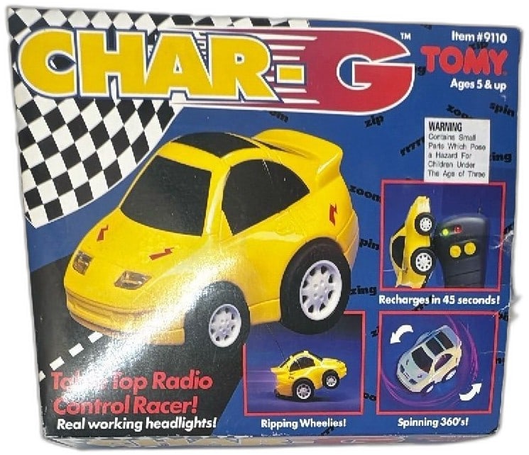 Tomy Char G Table Top Radio Control Racer Scoot Coup Yellow 1993 Complete Boxe: Tomy Char-G Table Top Radio Control Racer Scoot Coup Yellow, 1993 release, in original box with remote, wheels, and stickers. Vintage RC toy, recharges in 45 seconds, does wheelies and 360s. Complete 