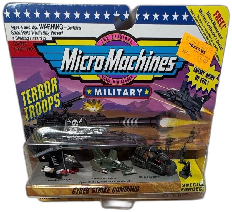 Micro Machines Military Cyber Strike Command Collection 7 Sealed 1993 Galoob: Micro Machines Military Cyber Strike Command Collection #7 by Galoob, 1993. Features miniature Zi-9000 Assault Copter, Sycorax X-3 Raider, BX-2i Vindicator, all sealed on original card. Vibrant graphi