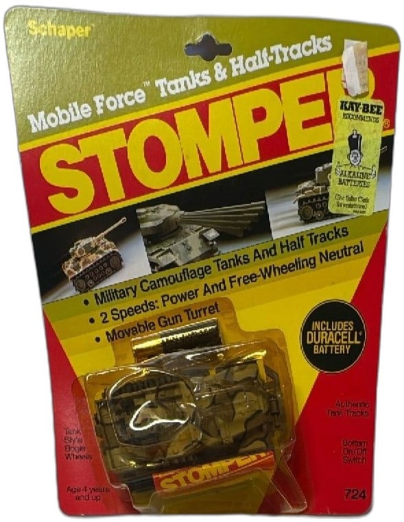 Stomper Mobile Force Tanks Half-Tracks Schaper 1984 Camouflage Tank NIB: Vintage Stomper Mobile Force Tank by Schaper, 1984, in original unopened packaging. Features military camouflage, movable gun turret, and authentic tank tracks. Includes Duracell battery. Highly colle