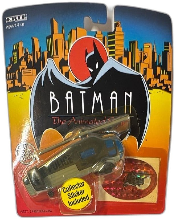 Ertl Batman Animated Series Gotham City Police Helicopter Diecast 1993 MOC: Vintage Ertl Batman The Animated Series Gotham City Police Helicopter diecast metal toy, 1993, brand new mint on card (MOC). Collector sticker included, original packaging intact and unopened, bright 