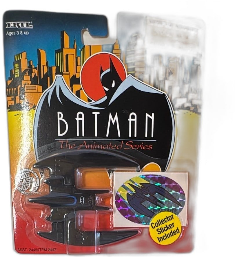Ertl Batman The Animated Series Die-Cast Batplane 1993 New Sealed w Sticker: Ertl Batman The Animated Series Die-Cast Batplane from 1993, still sealed in original packaging with collector sticker included. Features die-cast metal construction and authentic Batplane design from