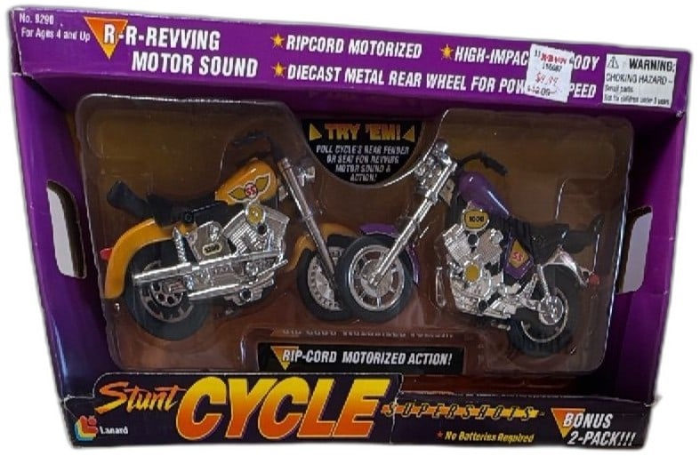 1994 Lanard Stunt Cycle Supershots Diecast Ripcord Motorcycles 2 Pack NIB: Vintage 1994 Lanard Stunt Cycle Supershots 2-Pack features diecast metal rear wheel motorcycles with ripcord motorized action and ABS high-impact body. No batteries required. Mint in box, unopened wit