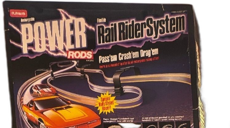 Playskool Power Rods Rail Rider System Vintage Track Set Rechargeable Car: Playskool Power Rods Rail Rider System complete vintage slotless track set with rechargeable race car, Power Charger, flexible guardrail sections, connectors, and original instructions. The set featur