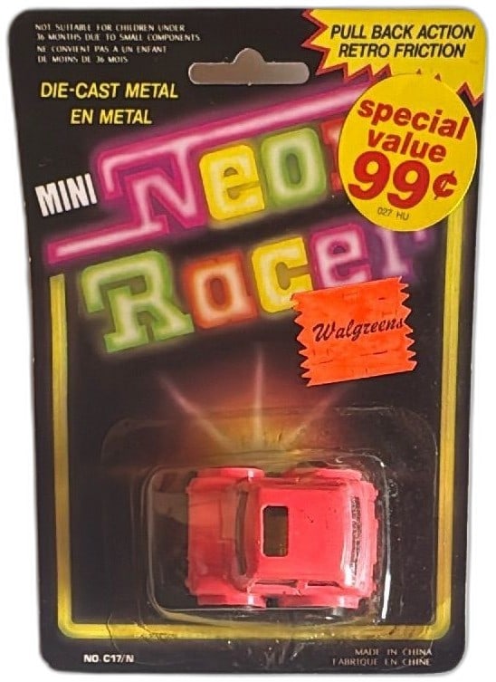 Mini Neon Race Diecast Car Walgreens Pull Back Action Pink Vintage Toy: Vintage Mini Neon Race die-cast toy car, Walgreens special edition with pink body, pull back retro friction motor. Unopened in original packaging with die-cut window. Ideal for collectors or nostalgic