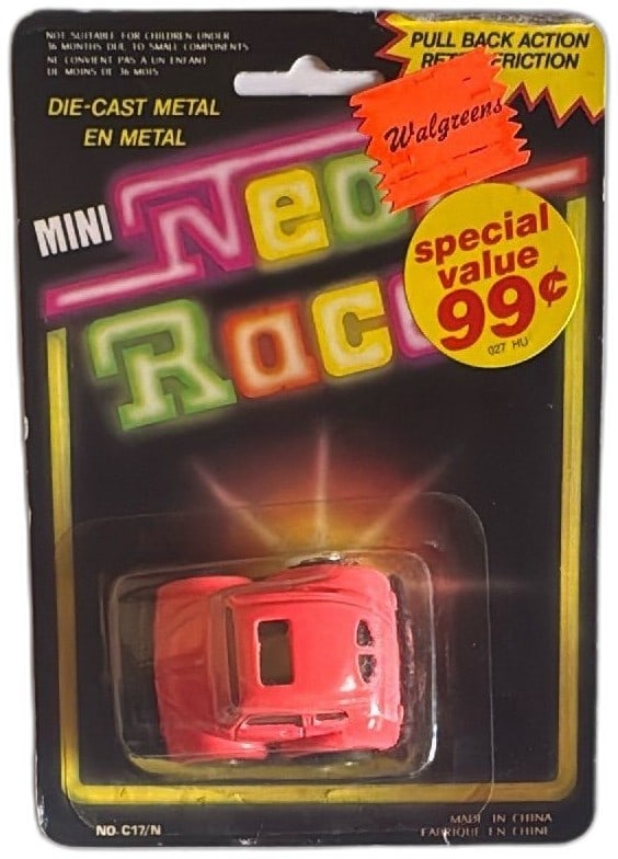 Vintage Mini Neon Racer Diecast Toy Car Walgreens Pink New Carded 1990s: Vintage Mini Neon Racer die-cast toy car in pink, originally sold at Walgreens, new and sealed on original card. Features pull-back friction motor, die-cast metal body, classic compact design, and bri