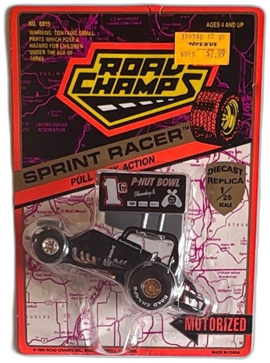 1993 Road Champs Sprint Racer Diecast Motorized P-Nut Bowl No 6015 New: Vintage 1993 Road Champs Sprint Racer Diecast 1/25 Scale Motorized Car, model No. 6015, featuring "P-Nut Bowl Bloomsburg PA" graphics. Pull-back action with diecast metal and plastic in original unope