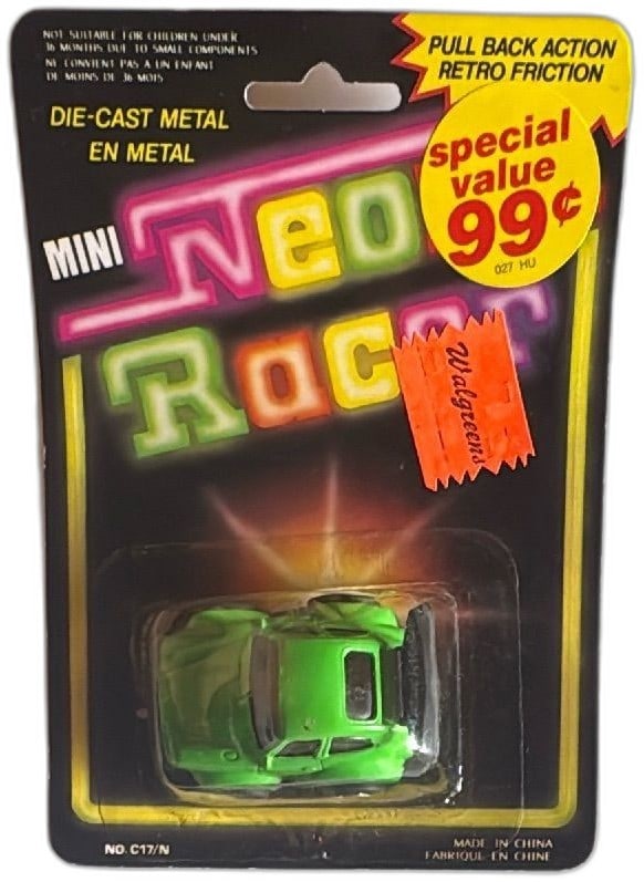 Mini Neon Racer Die-Cast Metal Green Car Walgreens Pull Back Action NIB: Mini Neon Racer die-cast metal car in bright green, unopened in original blister pack. Features retro pull-back friction action. Special value Walgreens edition, model No. C17/N, made in China. Card s
