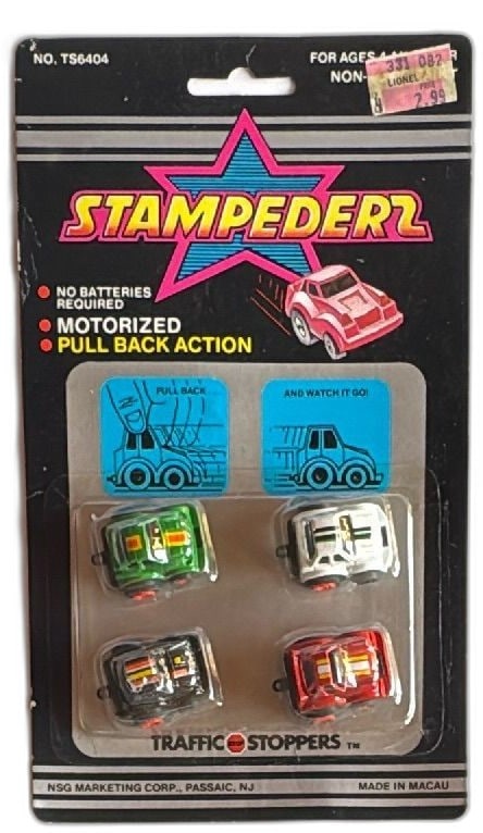 Stampederz Traffic Stoppers Vintage Pull Back Cars 4 Pack NSG Macau Sealed: Vintage Stampederz Traffic Stoppers 4-pack from NSG Marketing Corp, Passaic, NJ. Features motorized pull-back action, no batteries required, made in Macau. Blister pack contains four mini cars in gree