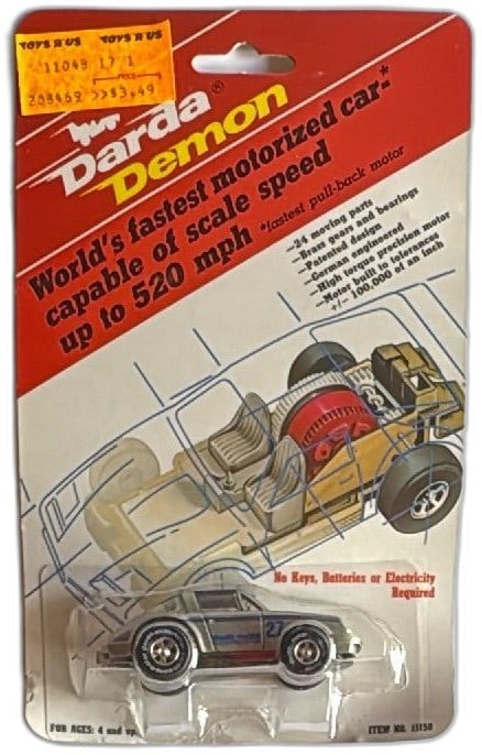 1986 Darda Demon Porsche 27 Silver Pull Back Car MOC W Germany Vintage: Vintage 1986 Darda Demon Porsche #27 diecast pull-back car, still mint on original card (MOC). Made in West Germany, features silver color with blue/red racing stripes and “darda-racing Porsche&rdqu