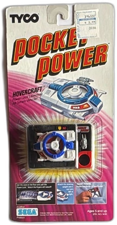 Tyco Pocket Power Hovercraft Power Lock Launched All Terrain SEGA 1988 NIP: Tyco Pocket Power Hovercraft Power Lock Launched All-Terrain Vehicle by SEGA, 1988, new in original packaging. Rare vintage toy, features interactive launcher case, hovercraft with white, blue, and re