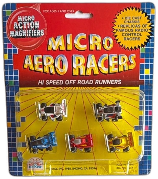 1988 Funrise Micro Aero Racers Diecast Car Set Carded Action Magnifiers: Vintage Funrise Micro Aero Racers 1988 diecast mini car set, factory-sealed original card. Features 5 high-speed off-road runner replicas, includes models like Turbo, Typhoon, and Desert Demon. Collec