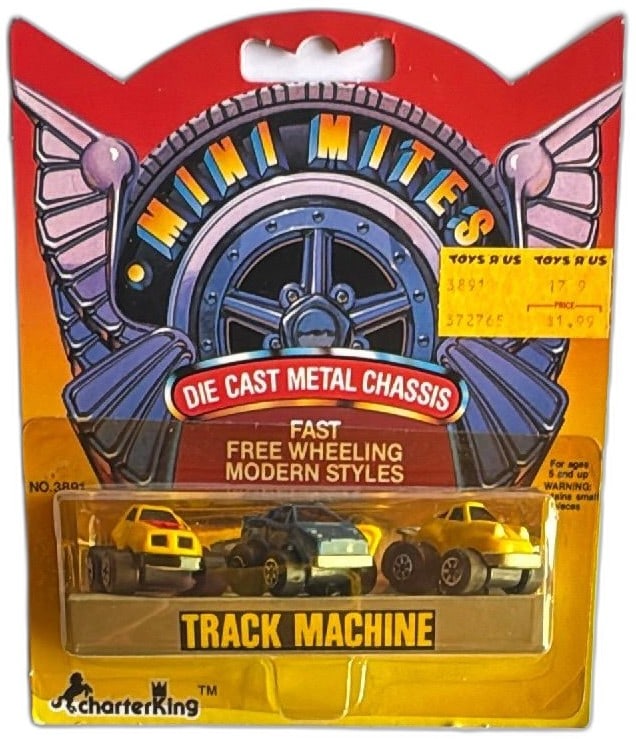 Mini Mites Track Machine Die Cast Metal Cars 3 Pack CharterKing 1980s NOS: Vintage Mini Mites Track Machine die-cast metal chassis car 3 pack by CharterKing, 1980s, Toys R Us original packaging. Includes one blue and two yellow miniature cars, fast free-wheeling, modern styl