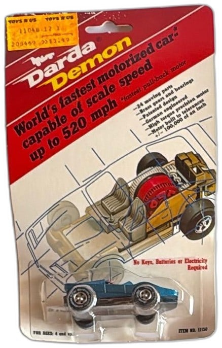 Darda Demon Motorized Pullback Car Blue GT 1986 New Sealed W Germany: Vintage Darda Demon motorized pullback car blue GT, new and sealed in original 1986 packaging. Toy features patented Darda Mega Motor, advertised as the world's fastest 0 scale car (scale speed up to 