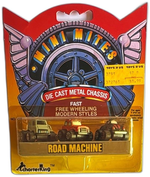 Mini Mites Road Machine Die Cast Metal 3 Pack CharterKing Vintage Sealed: Vintage Mini Mites Road Machine die cast cars by CharterKing, set of 3 in original sealed blister pack. Die cast metal chassis, fast free-wheeling modern styles, manufactured by CharterKing (GPI) Ltd.