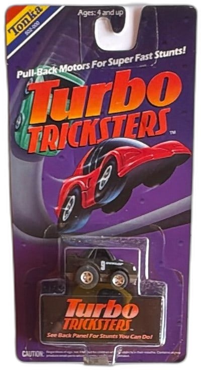 Tonka Turbo Tricksters Dunlop No 9 Black Pull Back Stunt Car 1989 Sealed: Vintage Tonka Turbo Tricksters No 9 Dunlop black pull-back stunt car, sealed on original 1989 card. Features pull-back motor for super-fast stunts. Card has bold Turbo Tricksters graphics and remains 