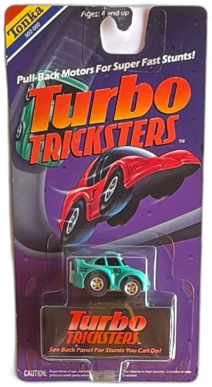 1989 Tonka Turbo Tricksters Pull Back Stunt Car Mint Sealed Shell 180: Vintage 1989 Tonka Turbo Tricksters pull-back stunt car, Shell Taxis no. 180 model. Features teal body, chrome wheels, detailed logos, and mint original packaging. Classic collectible for die-cast and