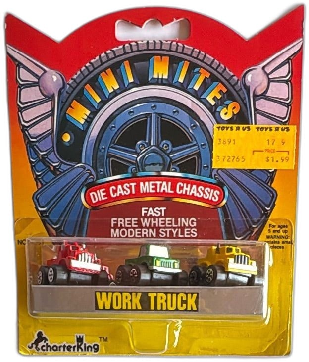 CharterKing Mini Mites Die Cast Work Truck 3 Pack Vintage 1980s Sealed: Vintage CharterKing Mini Mites Die Cast Metal Chassis Work Truck 3 Pack, 1980s collectible sealed in original packaging. Features red, green, and yellow trucks with fast free-wheeling action and moder