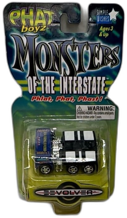 Phat Boyz Monsters Of The Interstate Evolver Diecast Truck New 2004: Phat Boyz Monsters of the Interstate Evolver diecast truck, new in original 2004 retail packaging by Simple Wishes. Features bold black and white striped cab, chrome accents, and blue engine block wit
