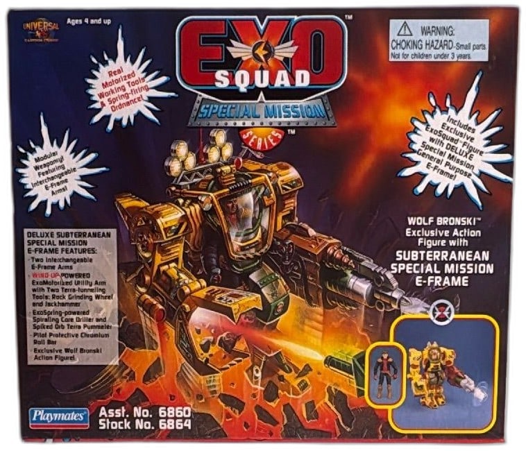 Exosquad Special Mission Wolf Bronski Subterranean E Frame Playmates 1995 New: Exosquad Special Mission Series Wolf Bronski Subterranean E-Frame by Playmates 1995. Includes deluxe E-Frame and exclusive Wolf Bronski figure. Features wind-up powered motorized arms, interchangeable
