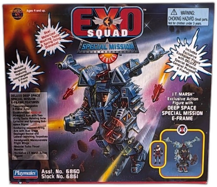 ExoSquad Special Mission J.T. Marsh Deep Space E-Frame Playmates 1995 New: ExoSquad Special Mission Deep Space E-Frame action figure by Playmates, 1995, featuring J.T. Marsh and deluxe E-Frame with interchangeable arms, motorized tools, and spring-firing ordnance. New old st